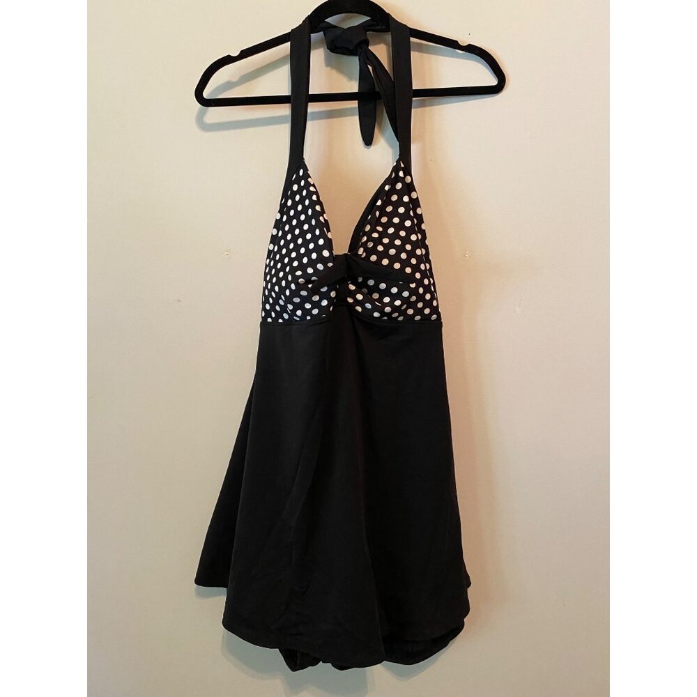 Cocoship Swim Suit Black White Polka Dot Bodice Halter Top Skirt Small